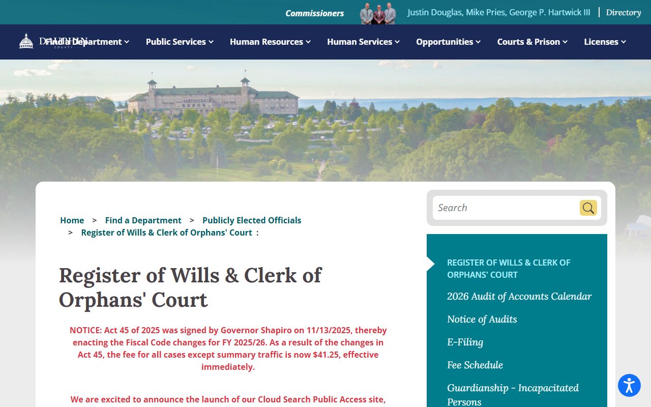 Dauphin County marriage and divorce records Register of Wills Clerk of Orphans Court